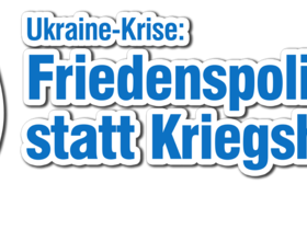 ein Megafon und der Text: "Ukraine-Krise: Friedenspolitik statt Kriegshysterie!"